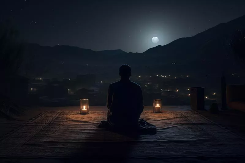 Gece Dua Okuyan Insan Ay Isigi Karsisinda Meditasyon
