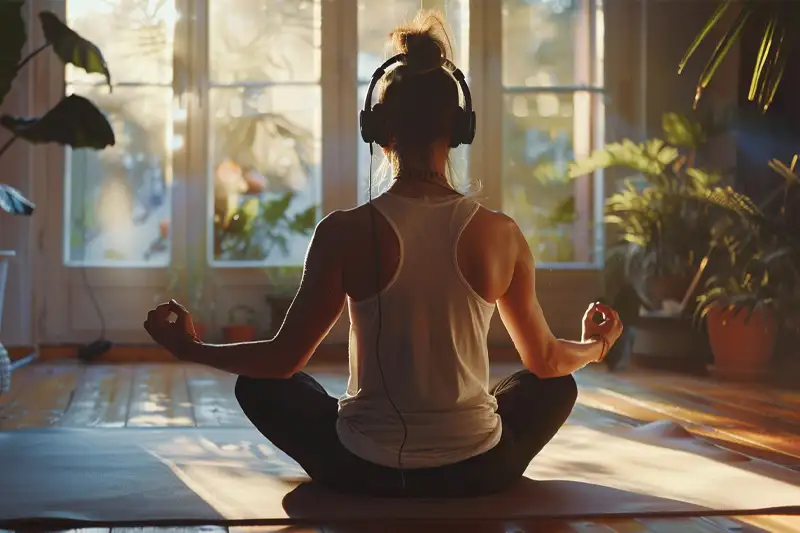 Yoga Yaparken Muzik Dinleyen Kadin
